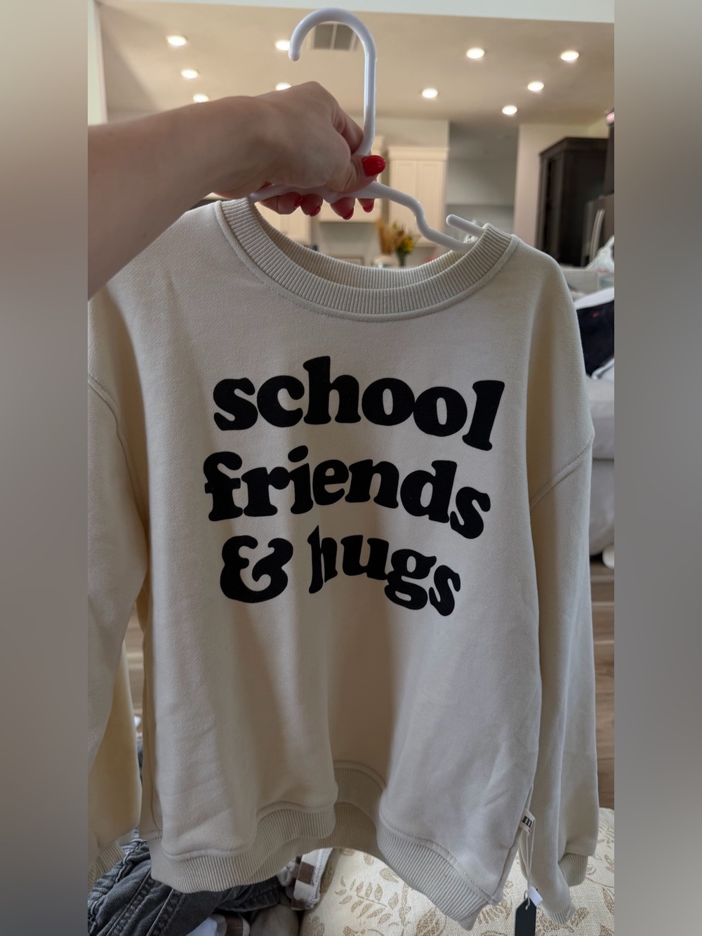 Cream Sweatshirt with Black 'school friends & hugs' Graphic